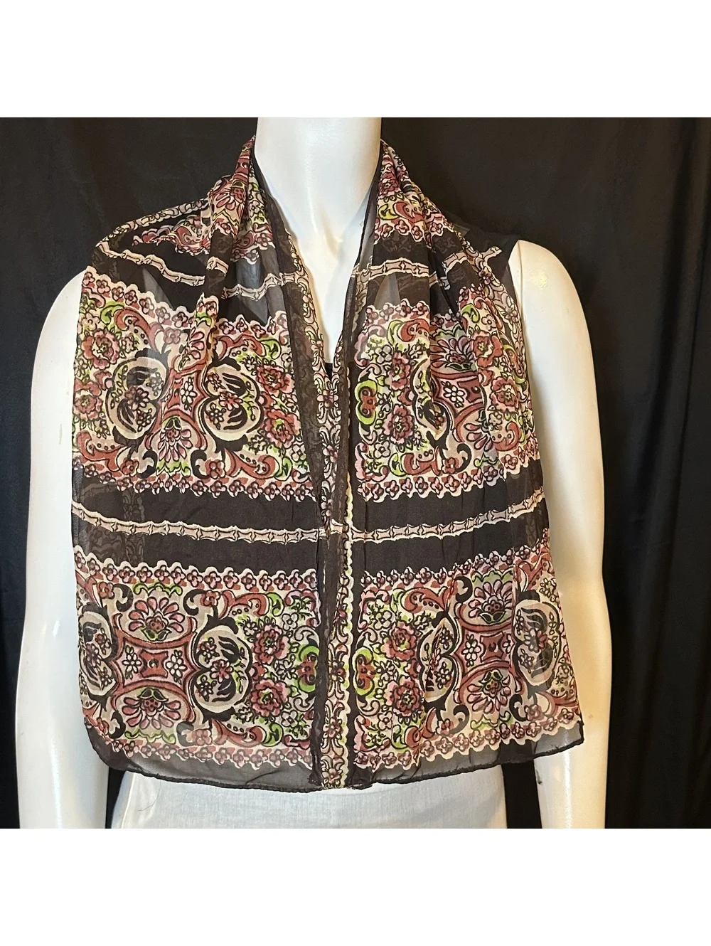 Vintage Lightweight Floral Patterned Scarf with Black Background